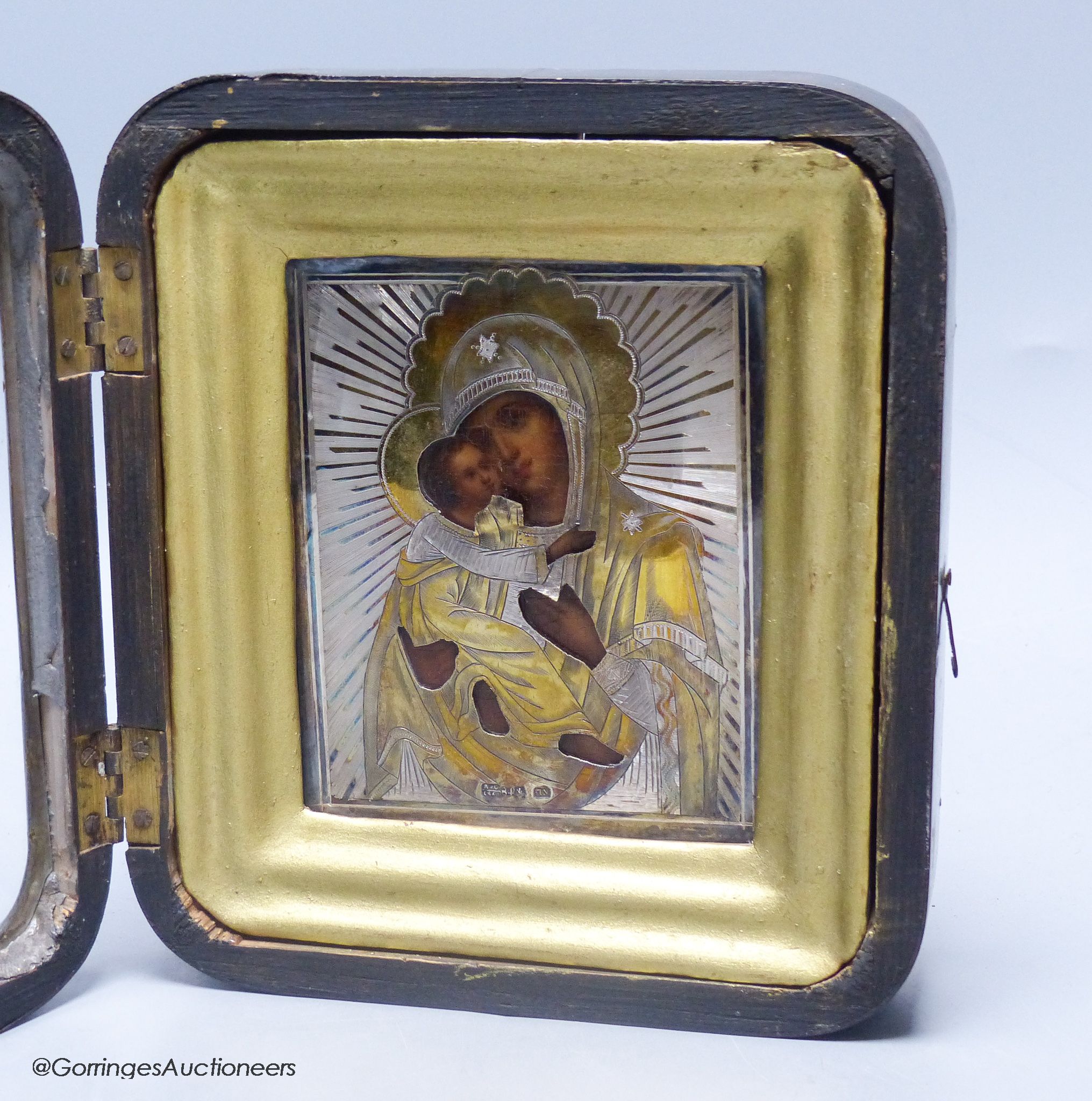 A Russian 84 zolotnik icon in frame, assay master probably A Svyechin, Moscow, 1862-1875, overall 20.3cm.